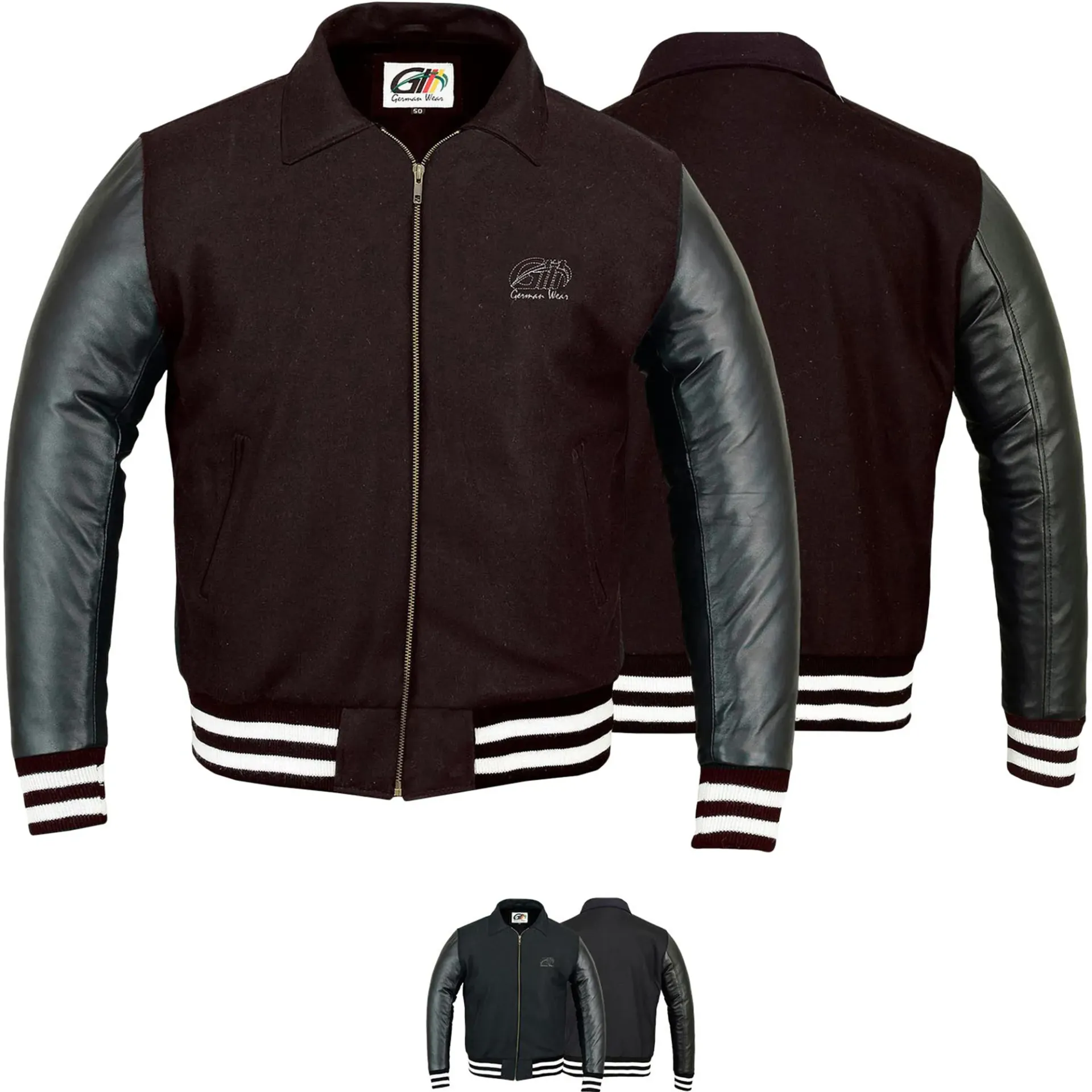 Varsity college jacket blouson wool jacket with leather sleeves, retro style.