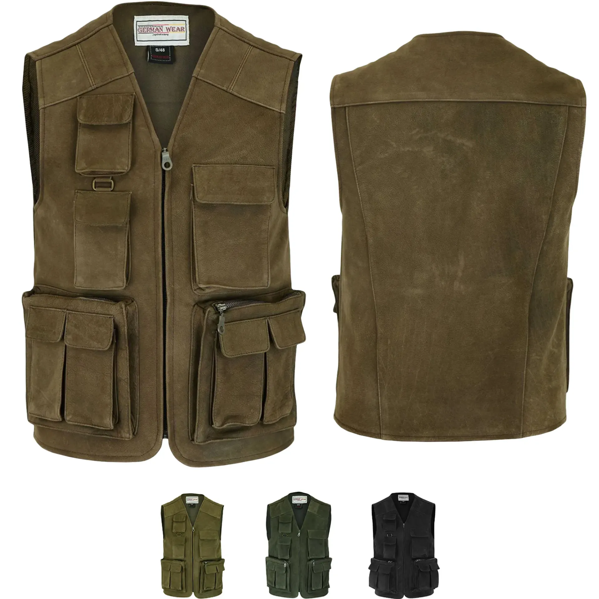 [22459] Hunting leather vest, hunting vest, fishing vest, angler vest, hunter vest (48/S, Dunkelbraun)